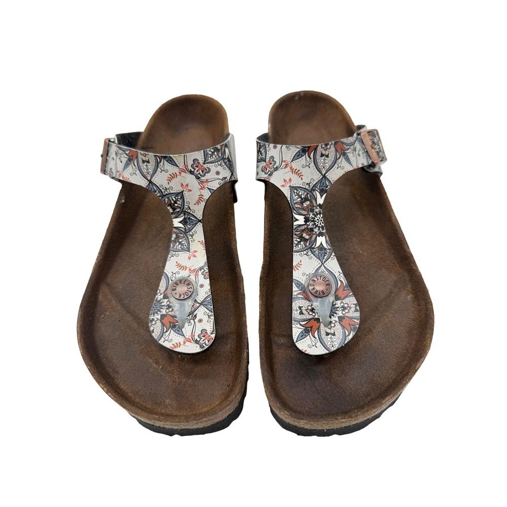 Birkenstock Brown Footbed Sandals with Cream, Black & Rust Patterned Straps - Picture 3 of 8